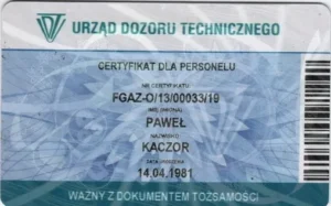 certyfikat dla personelu z Urządu Dozoru Technicznego