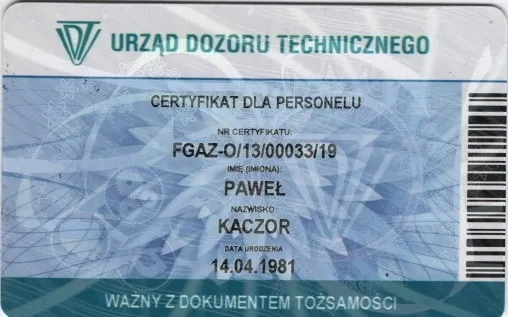certyfikat dla personelu z Urządu Dozoru Technicznego